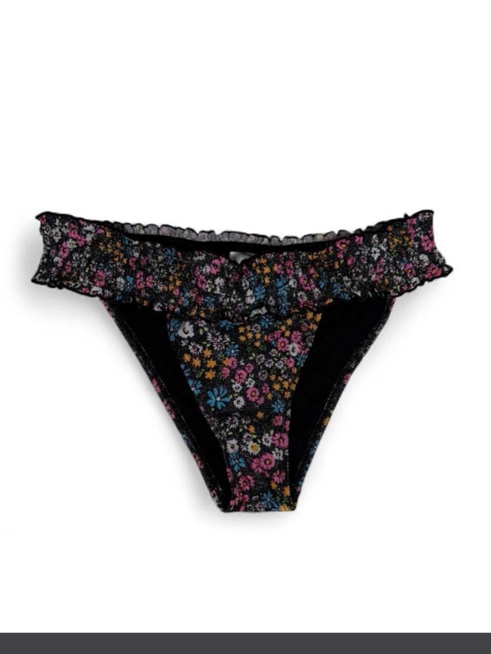 M / Celebrity Pink Black Floral Ruffle Bikini Bottoms